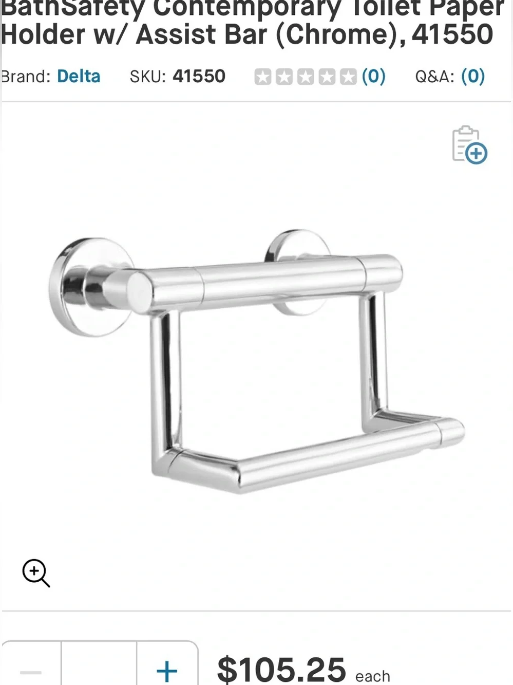 Delta Brushed Stainless Steel Toilet Paper Holder with Assist Bar. New in box.